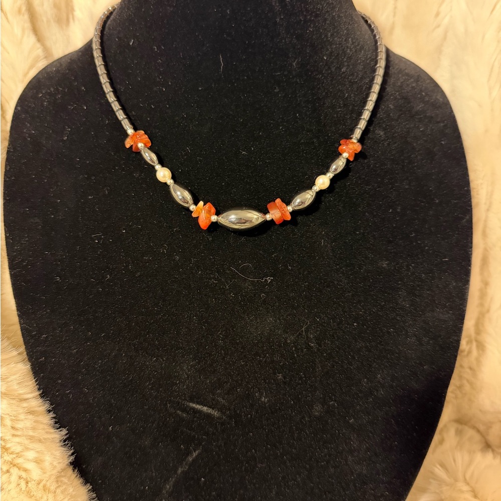 Elegant Hematite Silver and Natural  Orange Stone Beaded Necklace